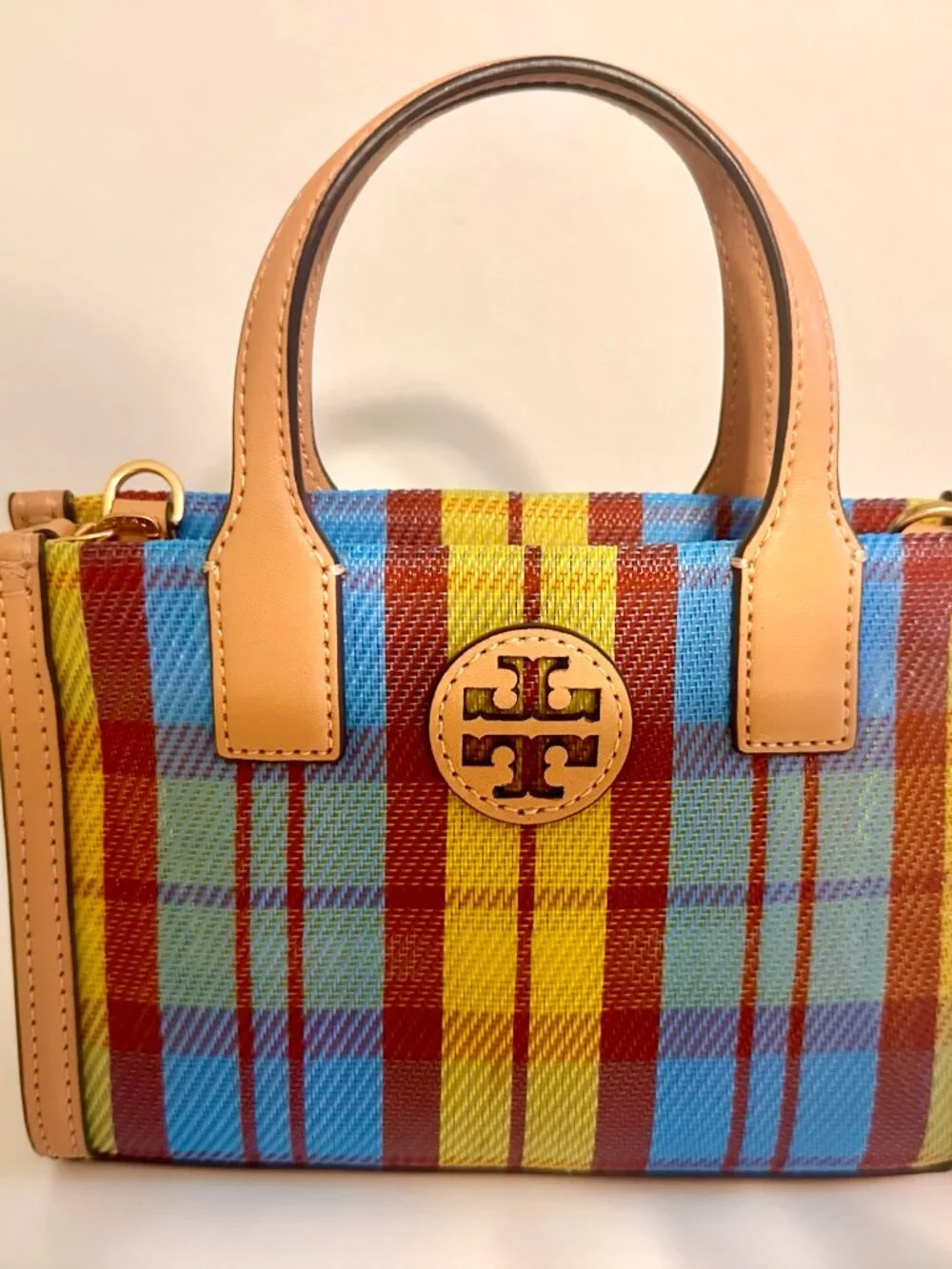 Tory Burch Ella Mini Plaid Top Handle Crossbody Tote Bag Multicolor Leather Trim